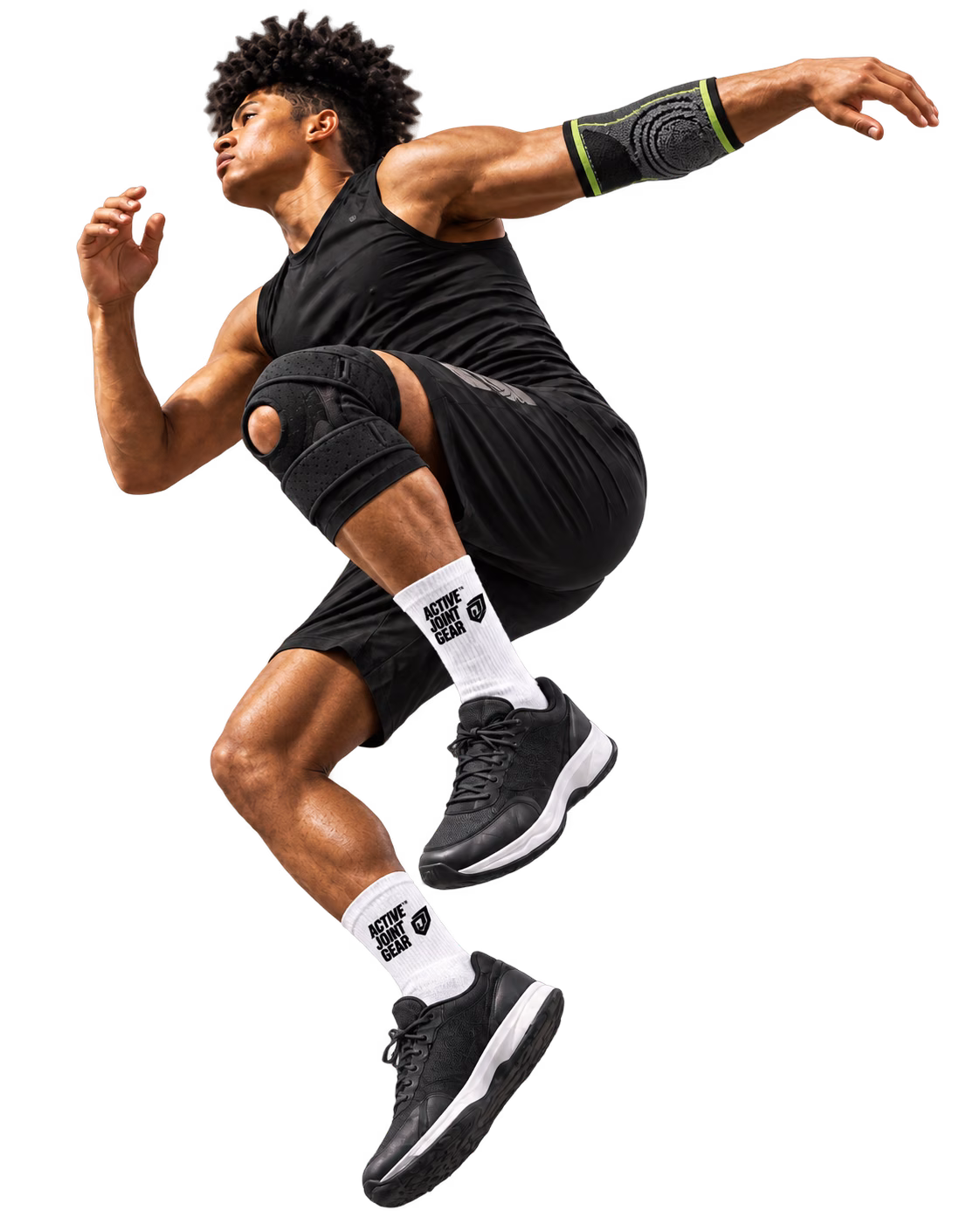 Athlete training with Active Joint Gear knee compression sleeve, tennis elbow brace, and lifting straps