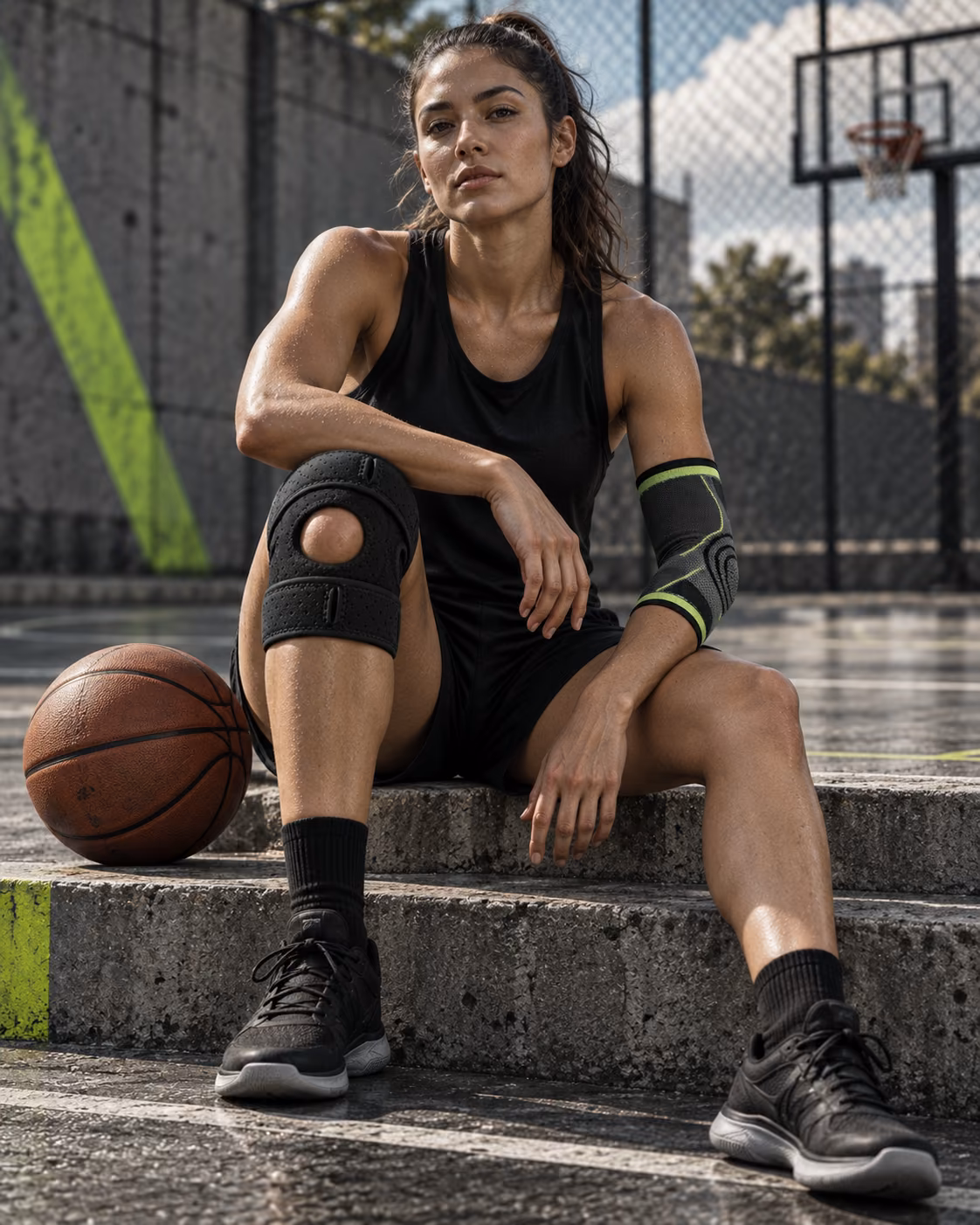 Athlete training on court with Active Joint Gear knee compression sleeve and joint support